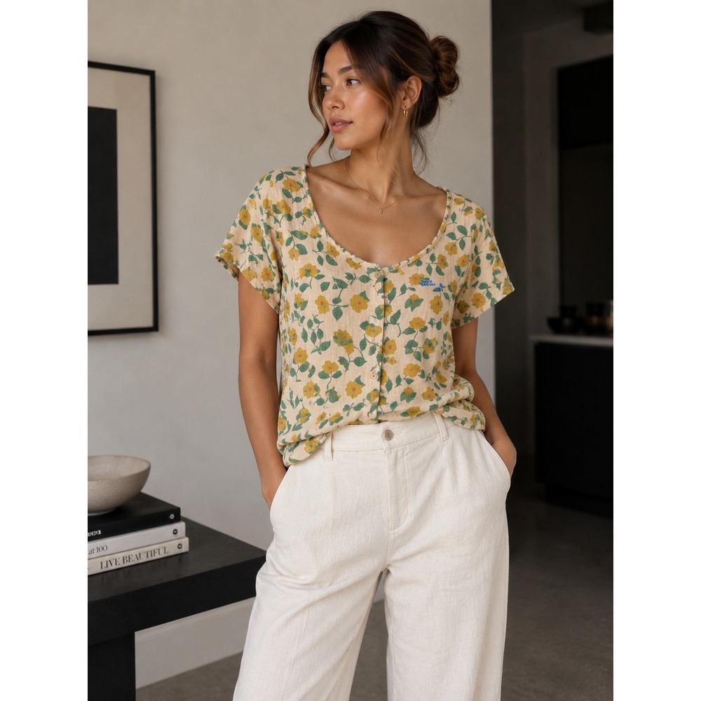 The Tiny Big Sister Floral Organic Cotton Gauze Button Front Top Tan Yellow 34